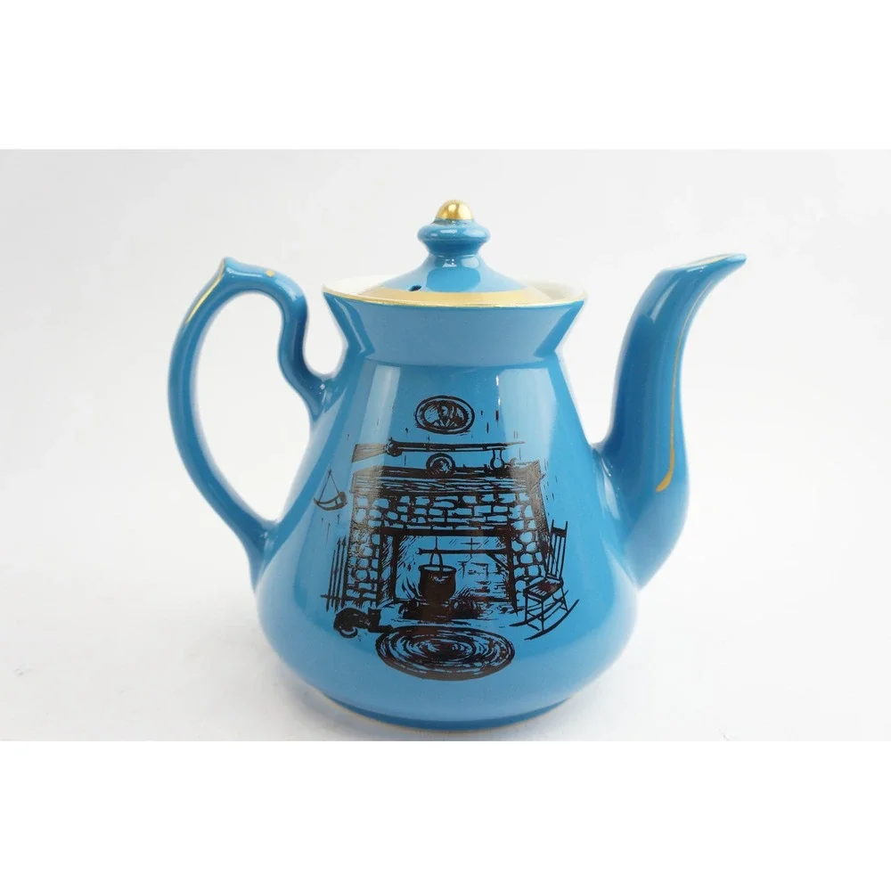 Hall Teapot Blue Gold Colonial‎ Fireplace Hearth 6 Cup Ceramic 0066 Good